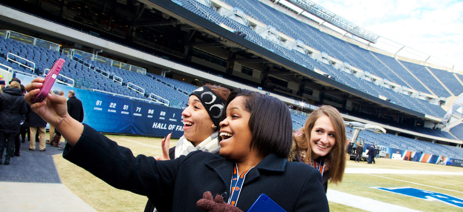Sports management students during a class trip to Soldier Field