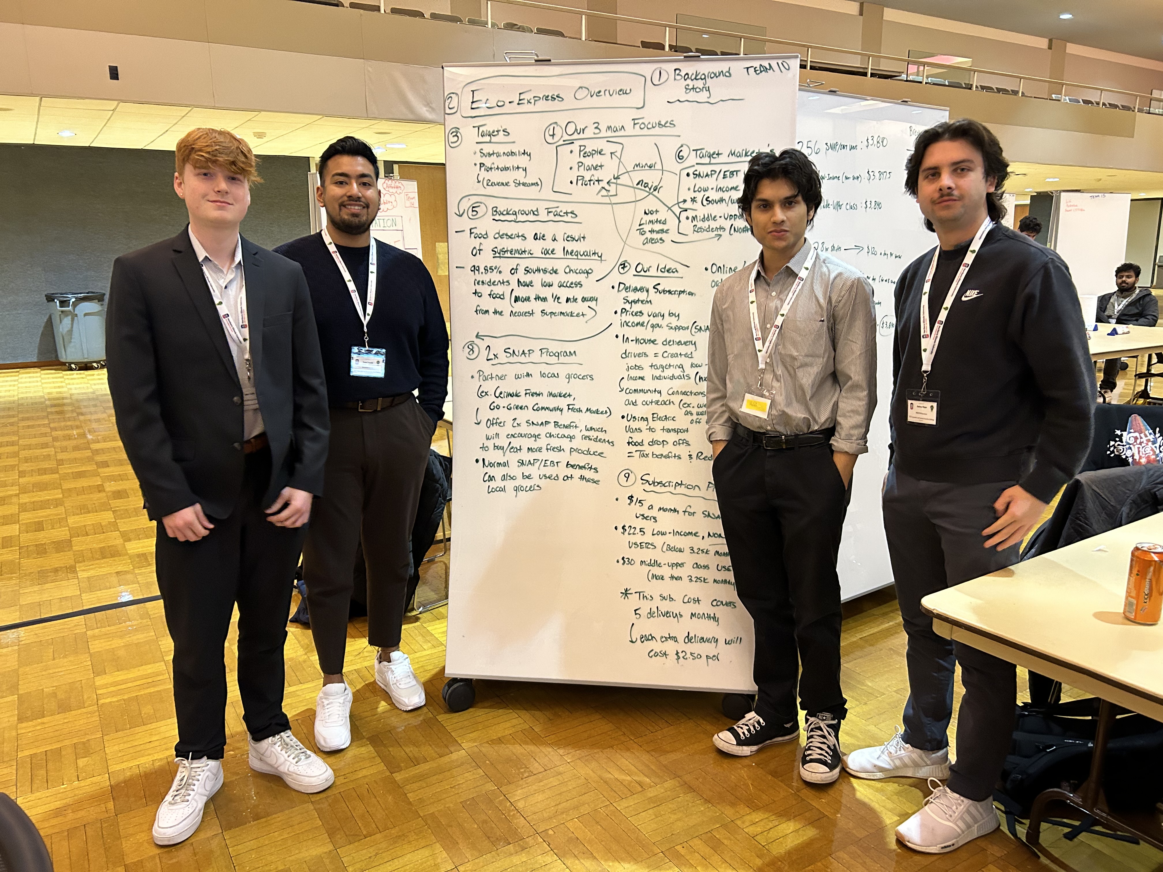 Four students pose in front of a handwritten flowchart for their food delivery service, eco-express