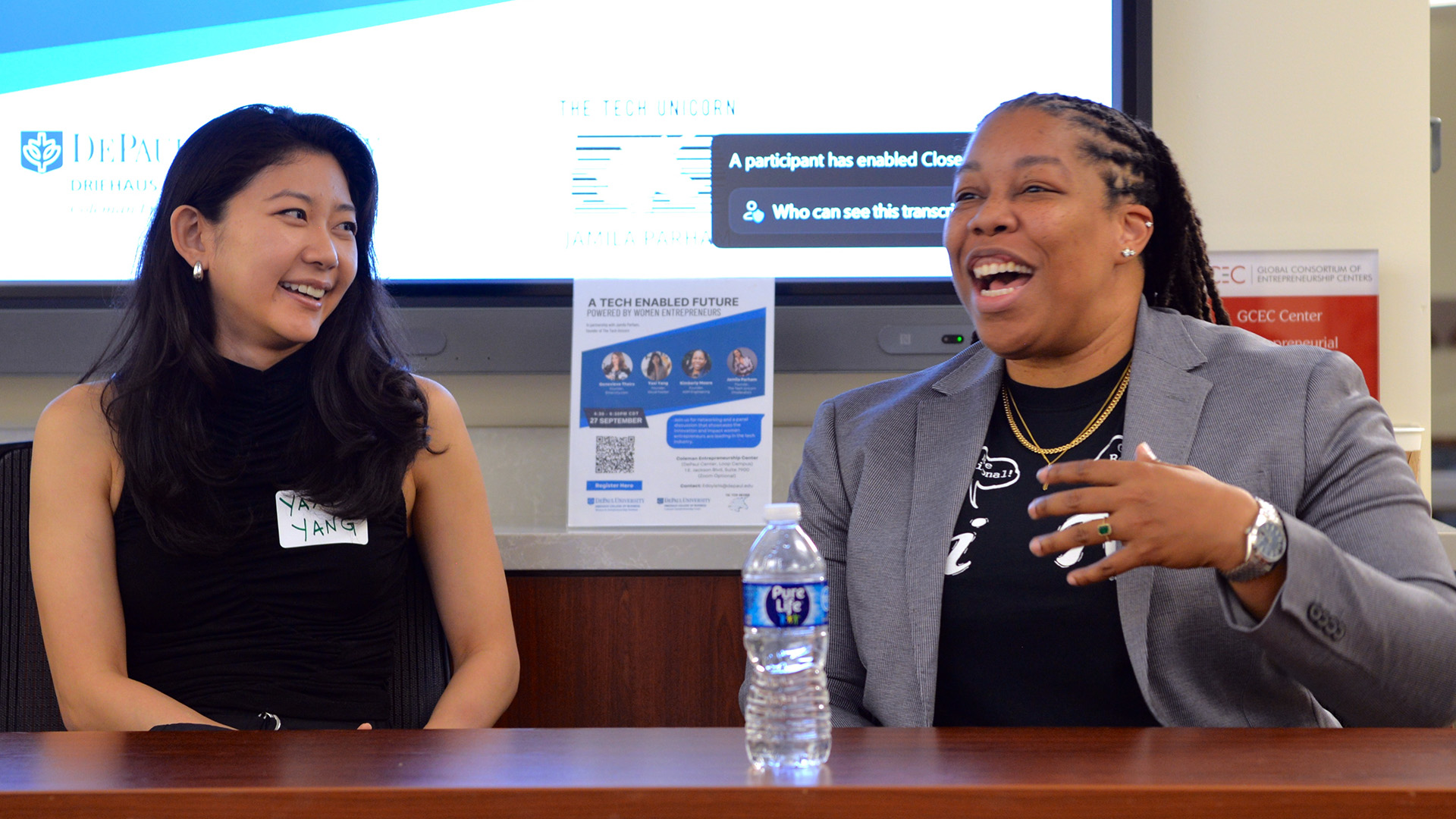 Yaxi Yang and Kimberly Moore speak at A Tech-Enabled Future Powered by Women Entrepreneurs, a panel discussion hosted by the Women in Entrepreneurship Institute in partnership with the Tech Unicorn.