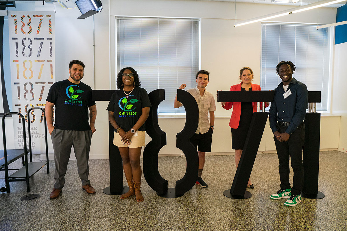 Oluwaseyi Olaleye, founder, Organic Harvest Digital; Megan Nufer, founder, Mayven; Zachary (Zach) Silver and Harmoni Jordan, co-founders, Chi Seeds; and Eric Villa, co-founder, Stuudeo at the Sixth Annual Purpose Pitch Competition.