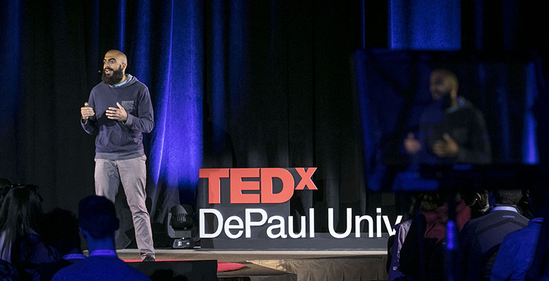 MBA student Kevin Felisme delivers a TEDxDePaul talk