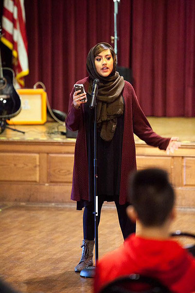 Bushra Amiwala speaks at a local event in Morton Grove in regard to the importance of voting.