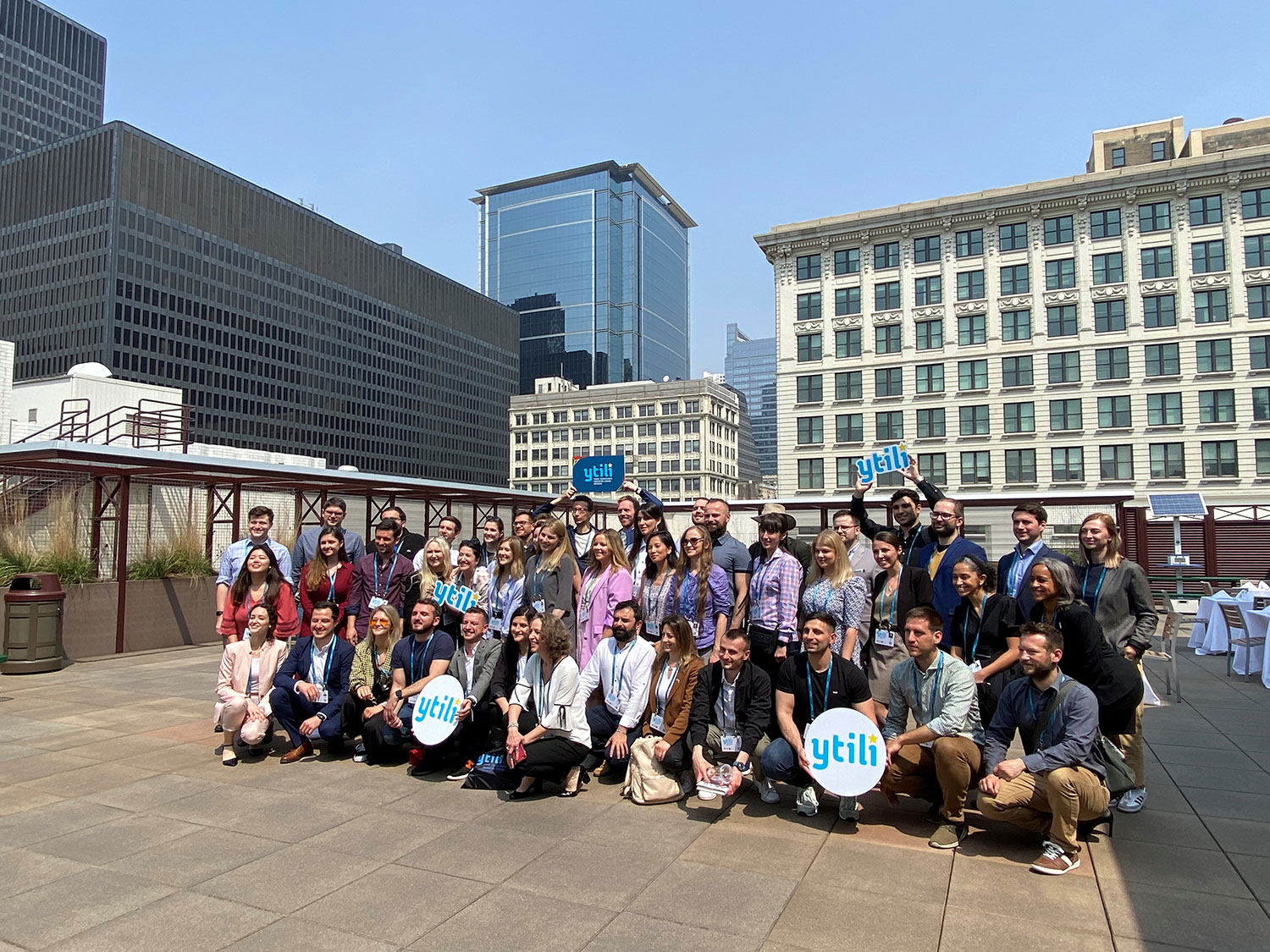 European entrepreneurs enrolled in the U.S. State Department’s Young Transatlantic Innovation Leaders Initiative fellowship program pose for a photo on the DePaul Center deck during their three-day summit in Chicago.