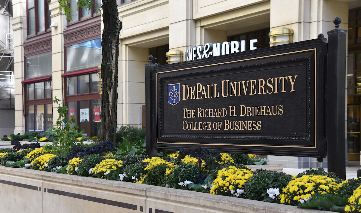 Richard H. Driehaus College of Business sign in front of DePaul Center