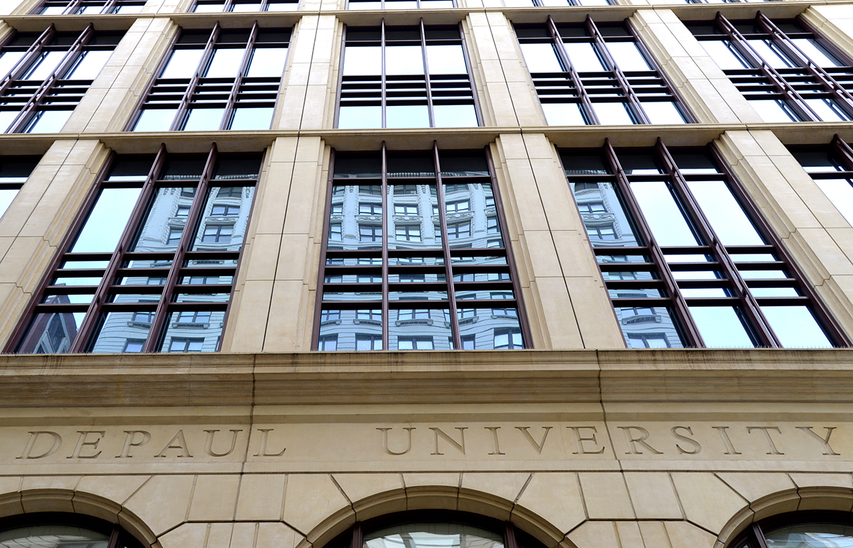 A photo of the DePaul Center building and windows.