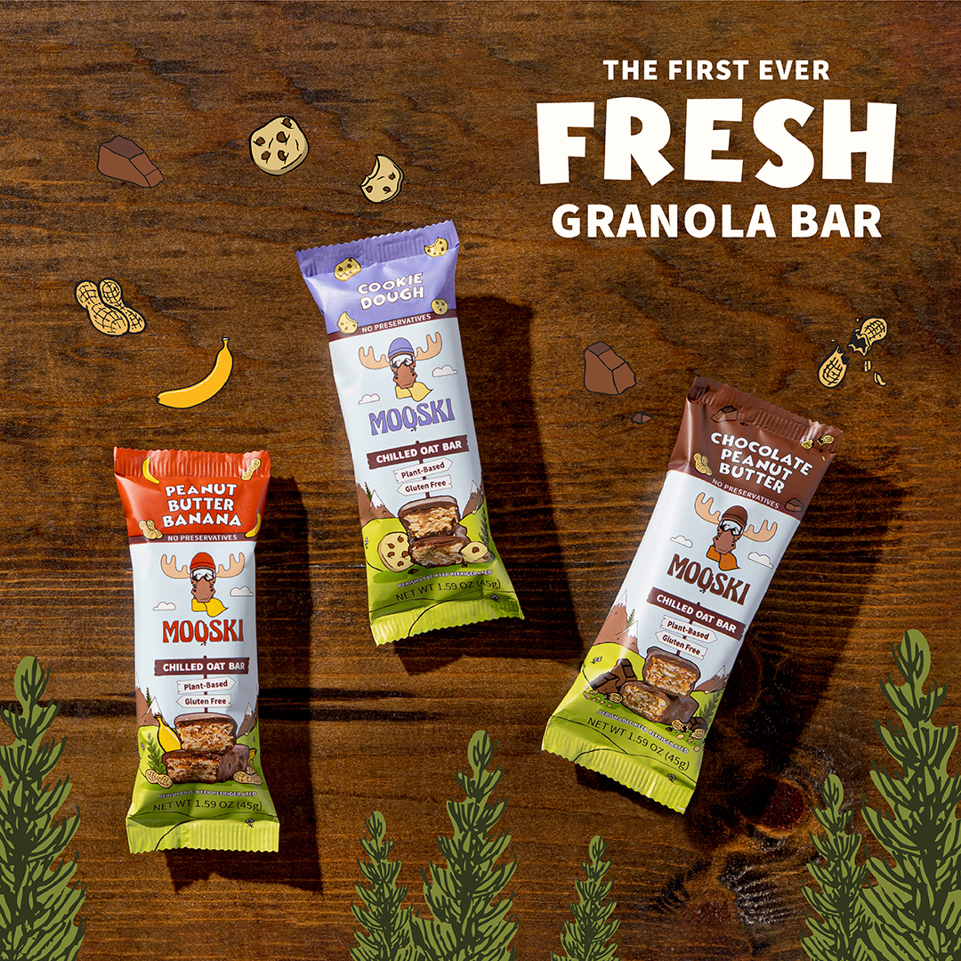 A graphic advertising Mooski as the first fresh granola bar