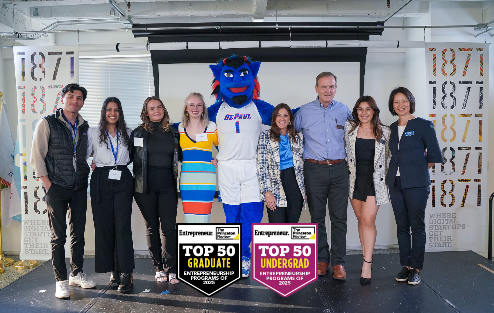 A group of college students, flanked by faculty & staff from the Coleman Entrepreneurship Center, pose with the winning team of 